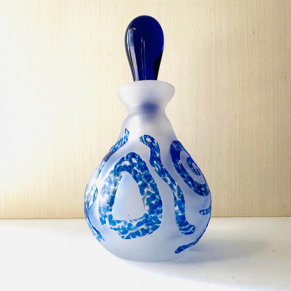 Vintage Art Glass Abstract Blue Perfume Bottle Frosted Glass
